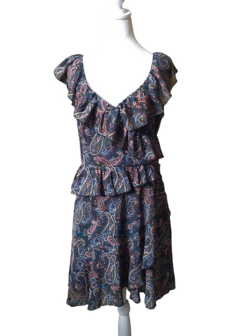 SENLIS Dress Paisley Print Size Medium Tiered Ruffle V-Neck Dress Office Career
